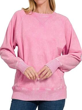 ZENANA Bubblegum Pink Distressed Mineral/Acid Wash Crewneck Sweatshirt